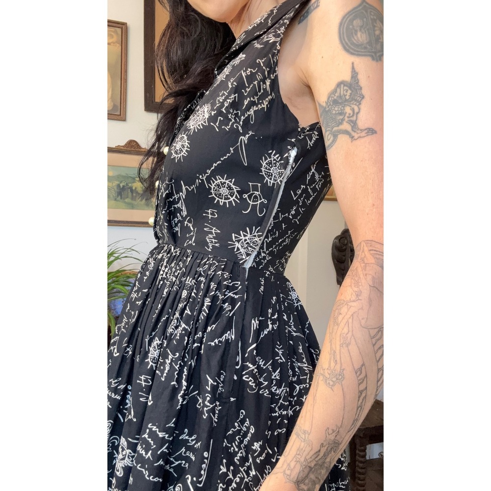 Vintage 50s 60s Black Script Odyssey mythology Print Fit Flare A line Dress - Picture 10 of 11